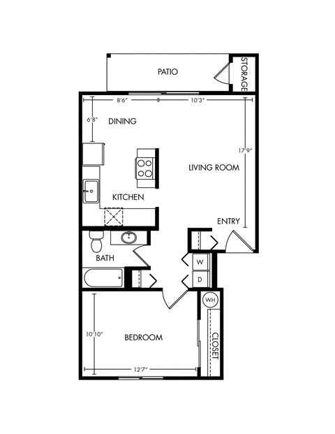 Floor plan for 1 bed, 1 bath, 690 sqft
